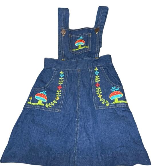 Rare Vintage 4T Girls 90s Cotton Denim Mushroom Embroidered Jumper Overall Dress - Picture 12 of 12